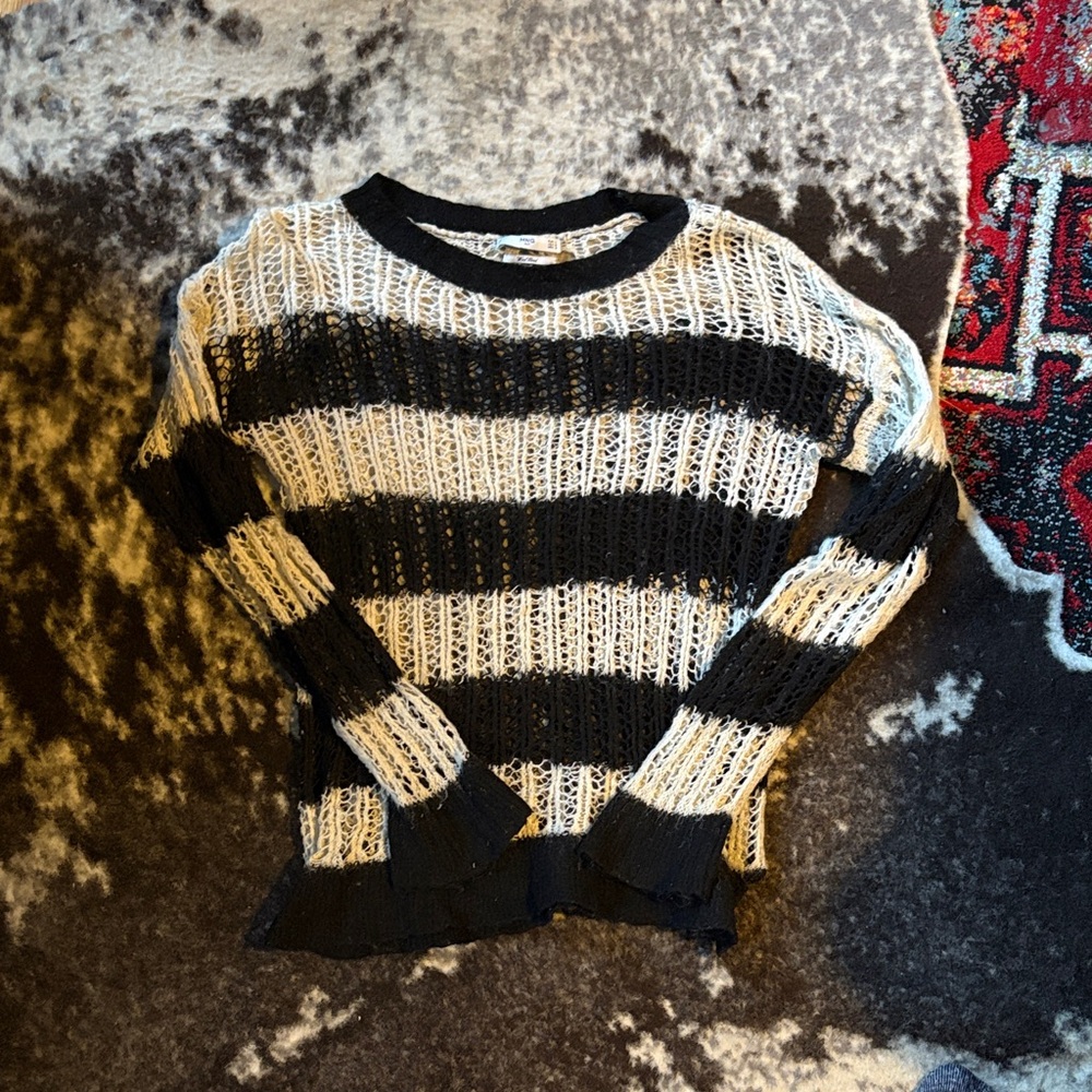 Mango Black and Cream Striped Knit Sweater